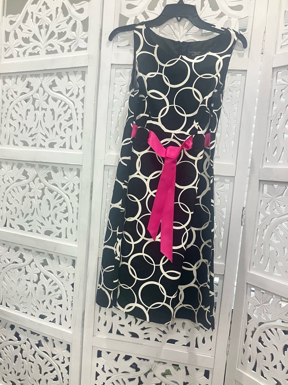 Black & White Circle Print Dress with Pink Sash